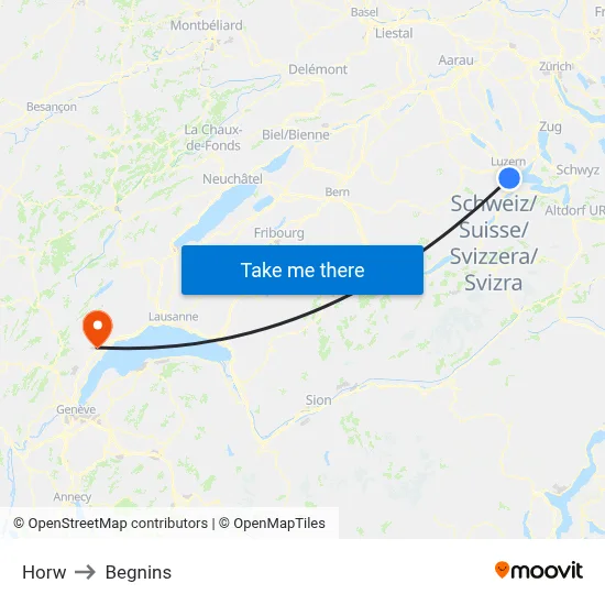 Horw to Begnins map