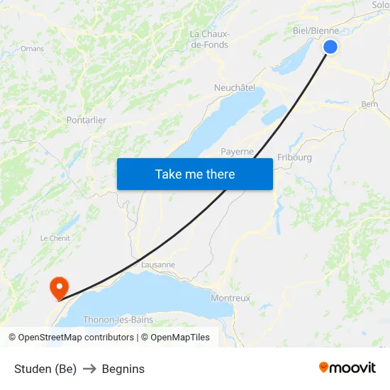 Studen (Be) to Begnins map