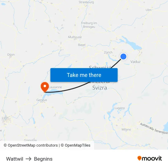 Wattwil to Begnins map