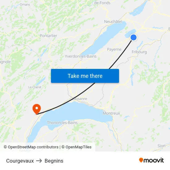 Courgevaux to Begnins map