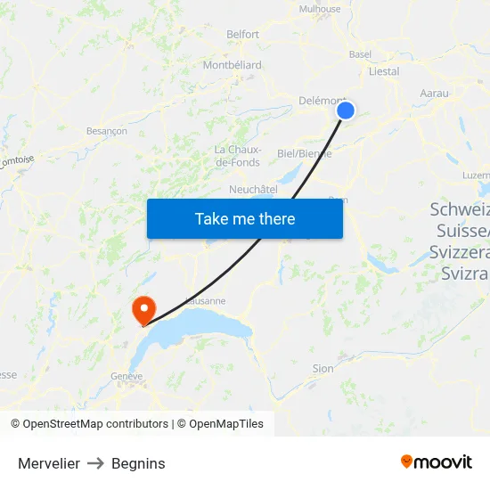 Mervelier to Begnins map