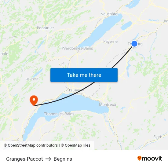 Granges-Paccot to Begnins map