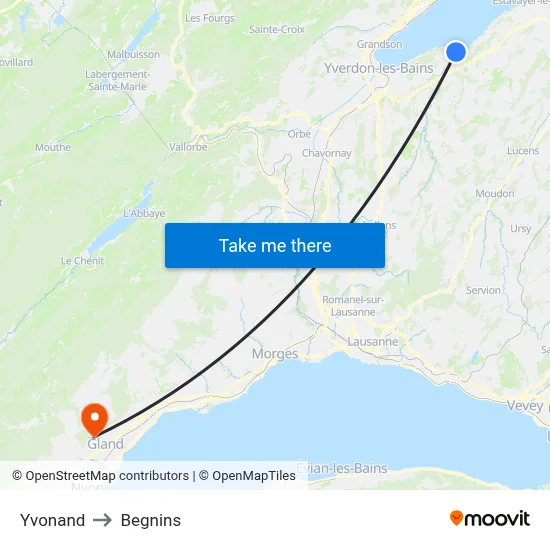 Yvonand to Begnins map