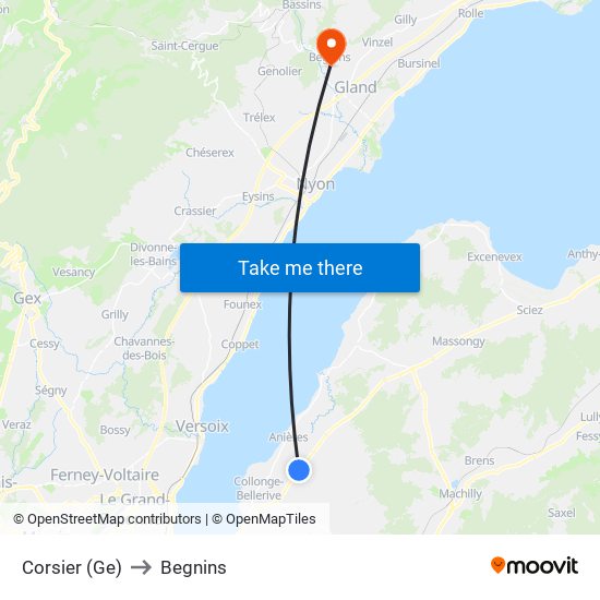 Corsier (Ge) to Begnins map