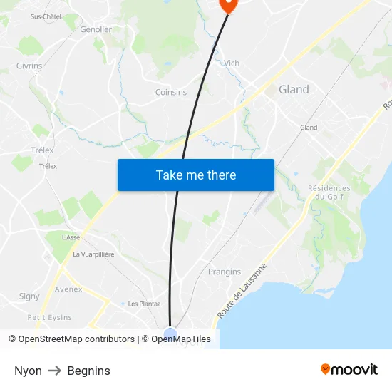 Nyon to Begnins map