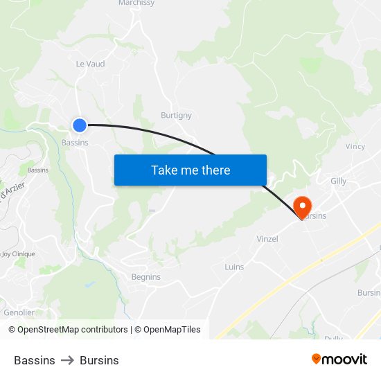 Bassins to Bursins map