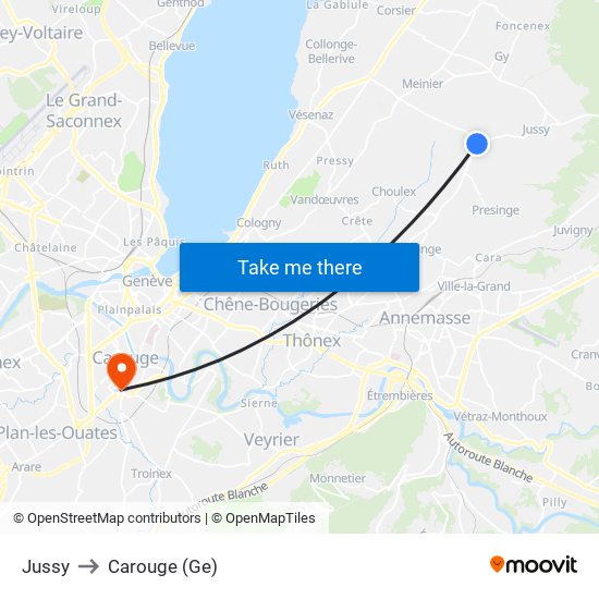 Jussy to Carouge (Ge) map