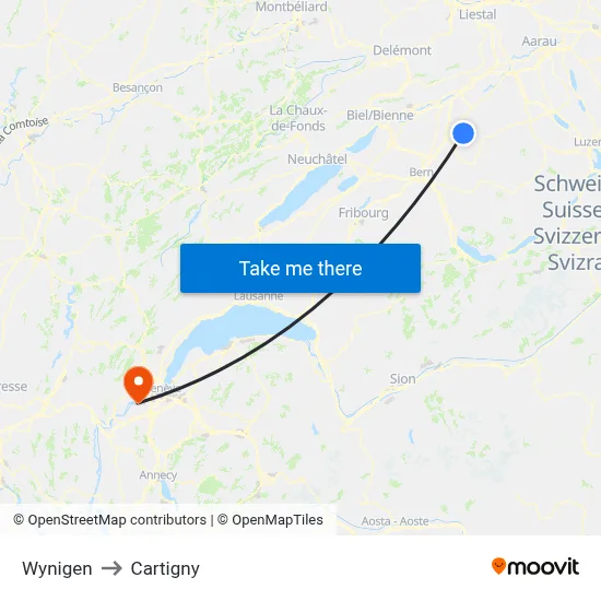 Wynigen to Cartigny map