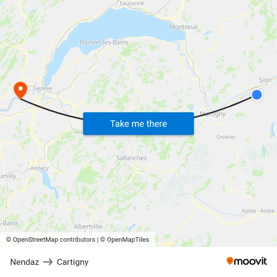 Nendaz to Cartigny map