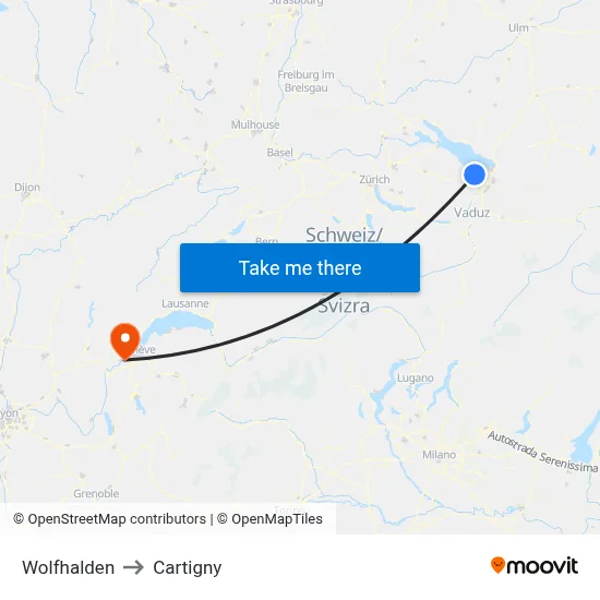 Wolfhalden to Cartigny map