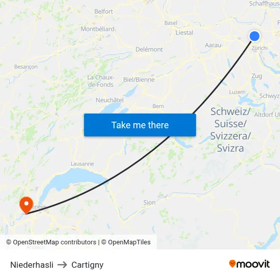 Niederhasli to Cartigny map