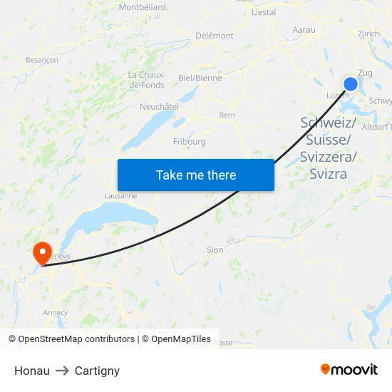 Honau to Cartigny map