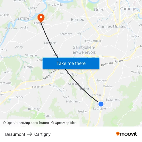 Beaumont to Cartigny map