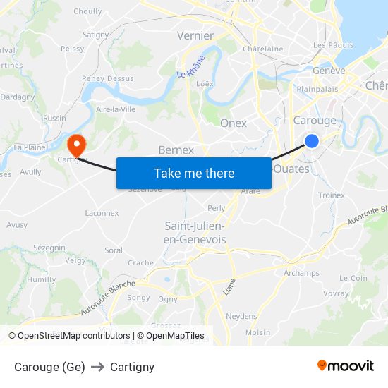 Carouge (Ge) to Cartigny map