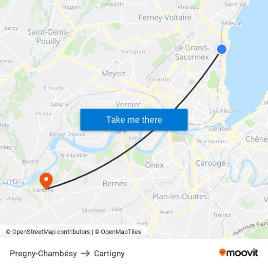 Pregny-Chambésy to Cartigny map