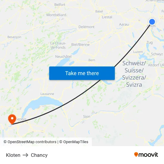 Kloten to Chancy map