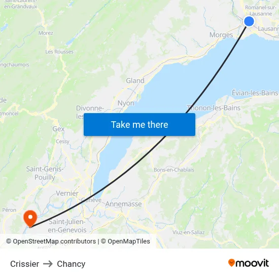 Crissier to Chancy map