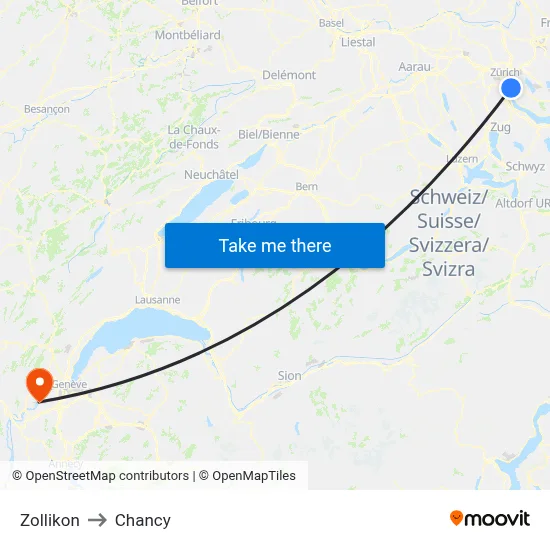 Zollikon to Chancy map