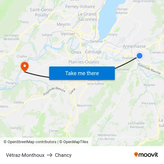 Vétraz-Monthoux to Chancy map