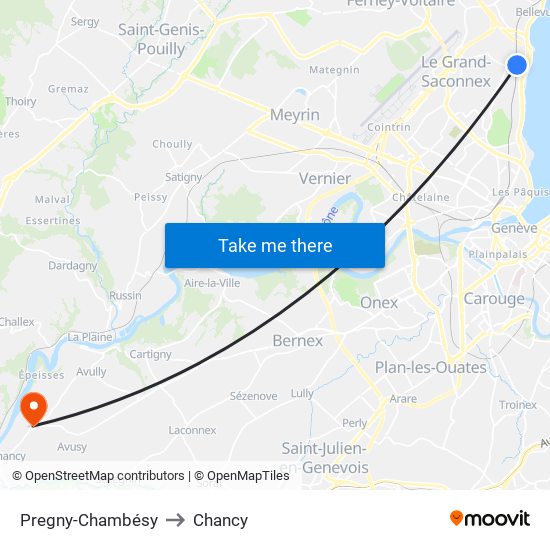 Pregny-Chambésy to Chancy map