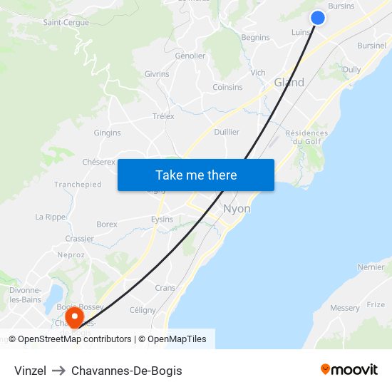 Vinzel to Chavannes-De-Bogis map