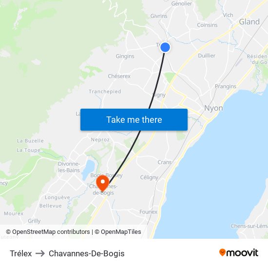 Trélex to Chavannes-De-Bogis map