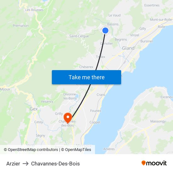 Arzier to Chavannes-Des-Bois map