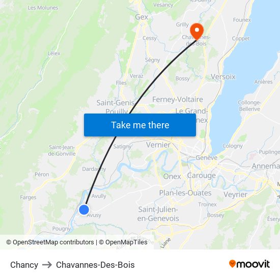 Chancy to Chavannes-Des-Bois map