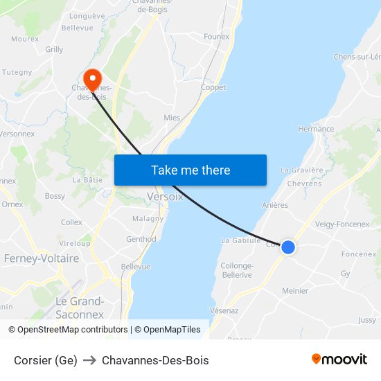 Corsier (Ge) to Chavannes-Des-Bois map