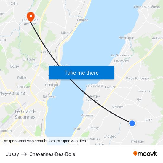 Jussy to Chavannes-Des-Bois map