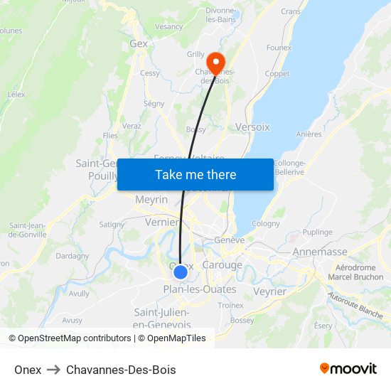 Onex to Chavannes-Des-Bois map