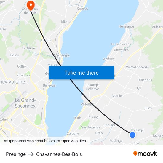 Presinge to Chavannes-Des-Bois map