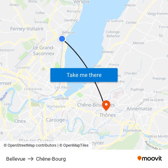 Bellevue to Chêne-Bourg map