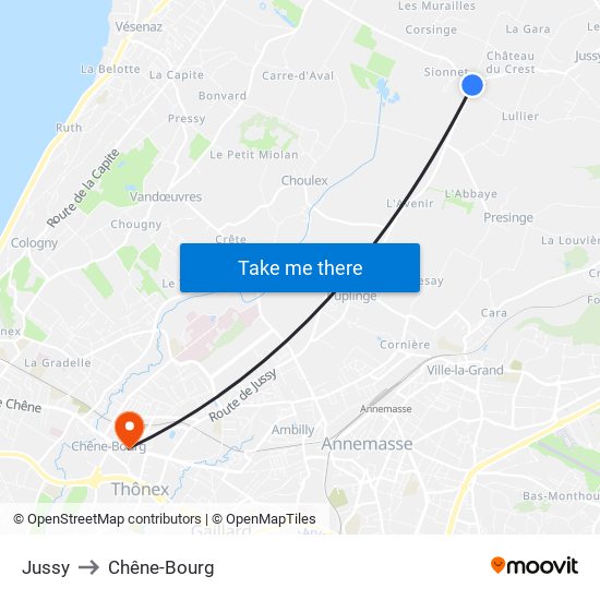 Jussy to Chêne-Bourg map