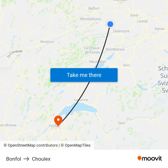 Bonfol to Choulex map