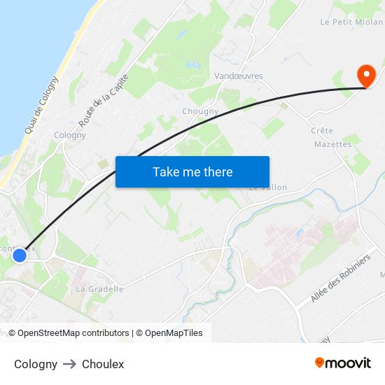 Cologny to Choulex map
