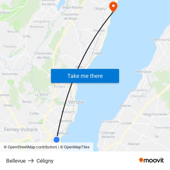 Bellevue to Céligny map