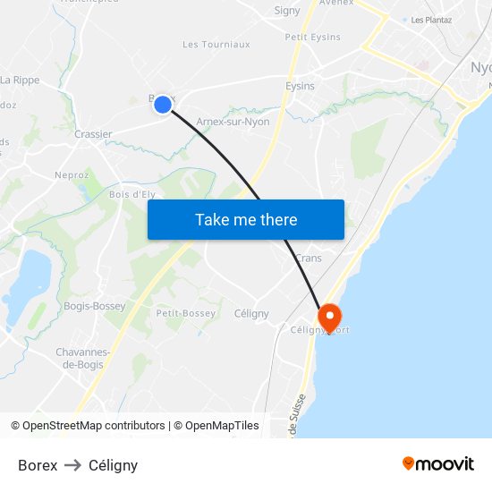Borex to Céligny map