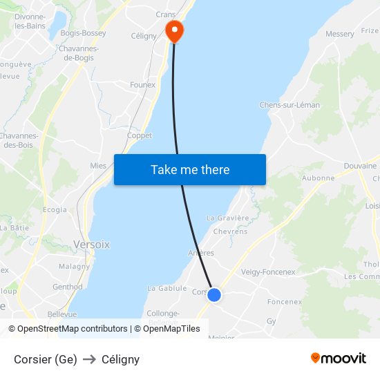 Corsier (Ge) to Céligny map