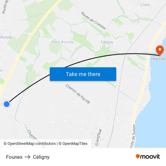 Founex to Céligny map