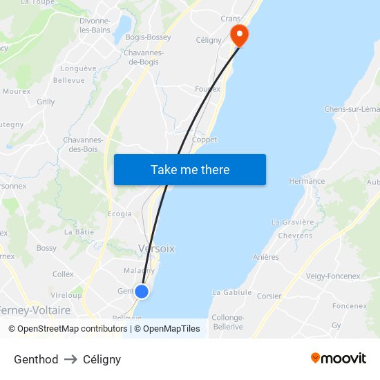 Genthod to Céligny map