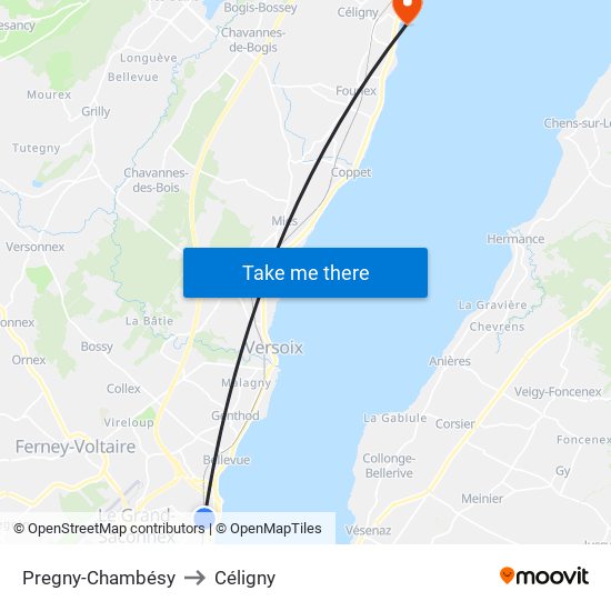 Pregny-Chambésy to Céligny map