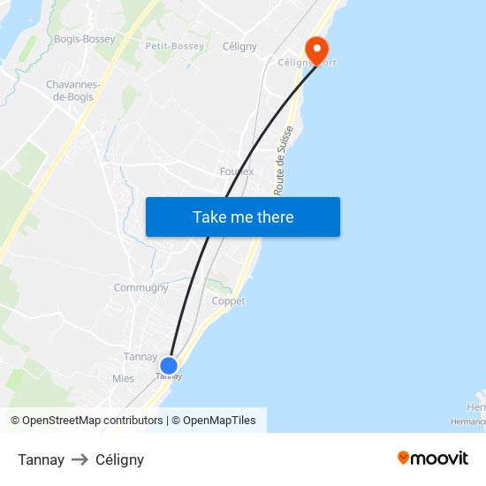 Tannay to Céligny map