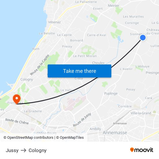 Jussy to Cologny map