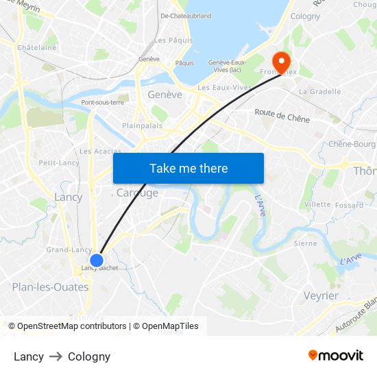 Lancy to Cologny map