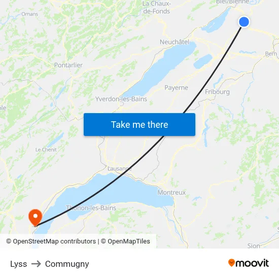 Lyss to Commugny map