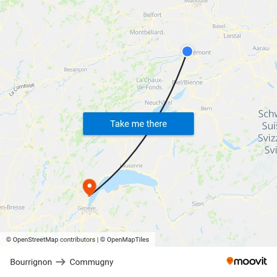 Bourrignon to Commugny map