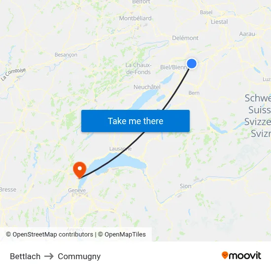 Bettlach to Commugny map