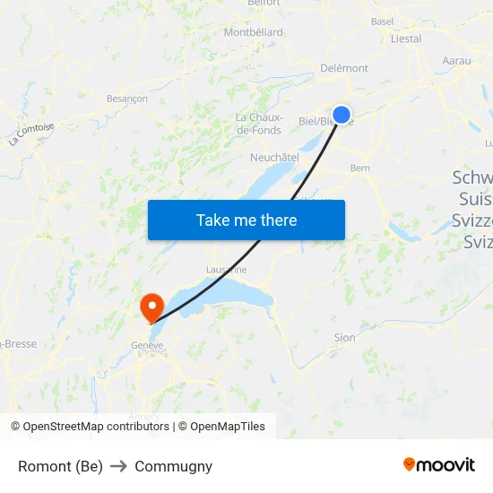 Romont (Be) to Commugny map