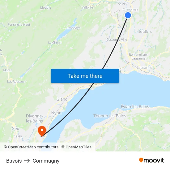 Bavois to Commugny map